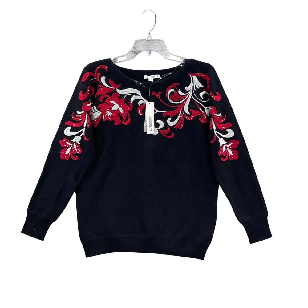 Chico's Pullover Sweater Womens 0 S Black Floral Sequin Embroidered Long Sleeve